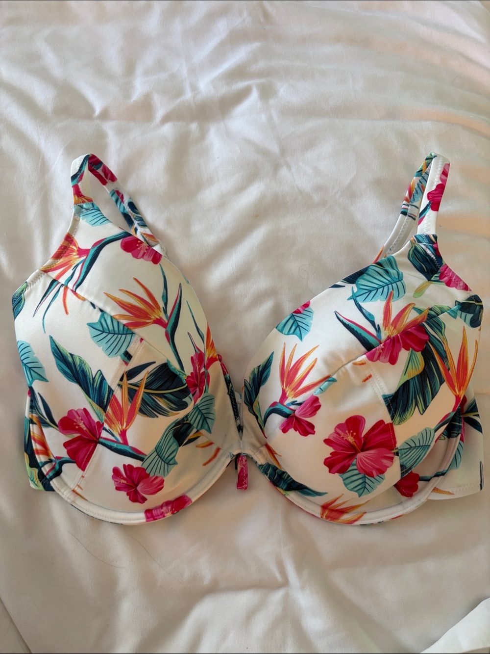 Freya Floral Bikini Top in White with Pink, Green & Yellow Tropical Print